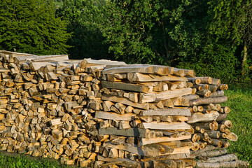 stacked wood shavings in a meadow. finished to supply carmine and kiln.