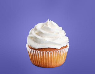 Cupcake on violet (very peri) background.