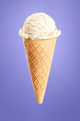 Vanilla ice cream on violet (very peri) background.