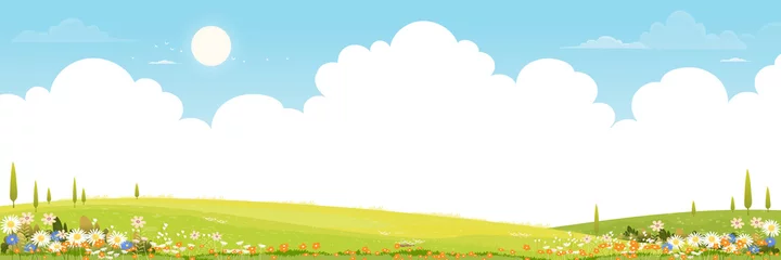 Foto op Aluminium Spring green fields landscape with mountain, blue sky and clouds background,Panorama peaceful rural nature in springtime with green grass land. Cartoon vector illustration for spring and summer banner © Anchalee