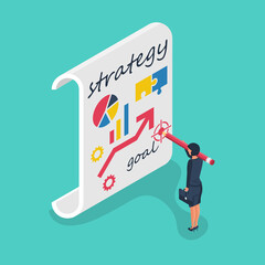 Businesswoman stand whiteboard showing scheme. Business presentation planning strategy. Business tactic. Pointing and explains chart. Vector illustration isometric design style. Plan to achieve goal.