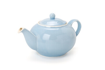 Blue china tea pot isolated on completely white background. Contains clipping path.