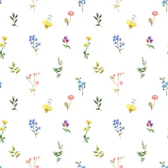 Poster de jardin Petites fleurs Motif fleuri sans coutures. Aquarelles petites fleurs sauvages, herbes sur fond blanc. Plantes mignonnes peintes à la main. Impression de prairie d& 39 été. Conception de pépinière