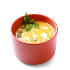 Bowl with delicious homemade pumpkin cream soup on white background