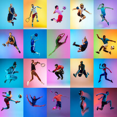 Set of images of different professional sportsmen, fit people in action, motion isolated on...