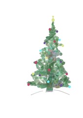 Sapin de noël à l'aquarelle.
décoration de noel, arbre de noel, sapin vert, sapin décoré, sapin avec guirlandes et boules, guirlande, boules de noel