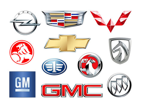 Brands of General Motors Company, such as: GMS, Chevrolet, Opel, Vauxhall, Faw, Buick, Cadillac, Holden, Autobaojun, Wuling and Faw Jiefang, vector illustration