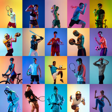 Photo set of multi ethnic professional sportsmen, fit men and women posing isolated on multicolor background in neon.