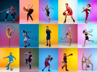 Set of images of young sportsmen, little boys and girls in action, motion isolated on multicolor...