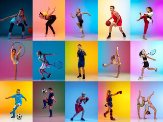 Set of images of young sportsmen, little boys and girls in action, motion isolated on multicolor background in neon light.