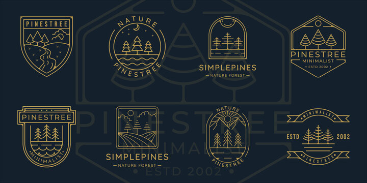 set of pines tree logo line art simple vector illustration template icon graphic design. bundle collection of pine at nature with various badge and typography