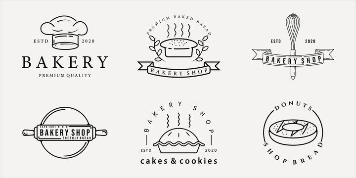 set of bakery shop logo line art simple minimalist vector illustration template icon graphic design. bundle collection of various restaurant and cafe for symbol and sign business with typography