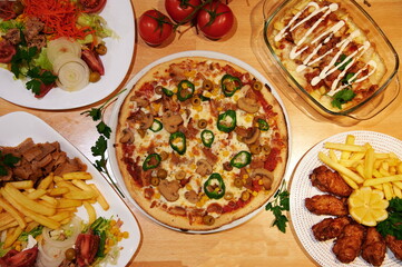 pizza with salami and vegetables