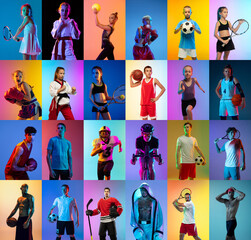 Set of images of mix-aged sportsmen, male and female athletes with sport equipment isolated on...