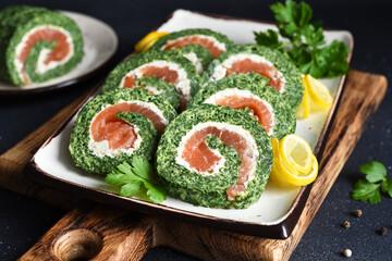 Roll with spinach and salmon. 
Snack with red fish and cheese 