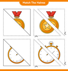 Match the halves. Match halves of Trophy and Stopwatch. Educational children game, printable worksheet, vector illustration