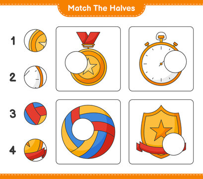 Match the halves. Match halves of Stopwatch, Trophy, and Volleyball. Educational children game, printable worksheet, vector illustration