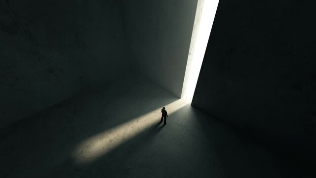 Perspective view of Person go to the opened doors with lights