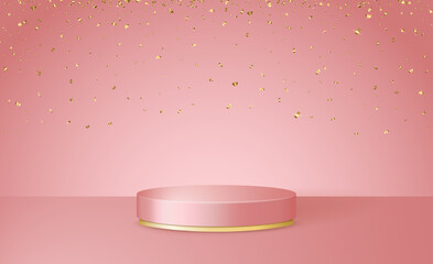 Happy Valentine's Day 3d scene with pink and gold podium platform and confetti.