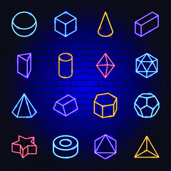Platonic Solids Neon Icons. Vector Illustration of Geometry Promotion.