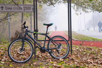 Trim track for riding bicycle in the park on the banks od Danube river in Novi Sad, Serbia, on a misty morning