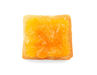 Toast with tasty orange jam on white background, top view
