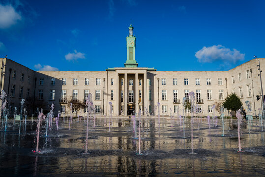Fountain in front of Waltham Forest Town Hall, a Grade II Listed Building, built in 1942 in Stripped Classicism Architectural Style, Walthamstow, London, England, UK