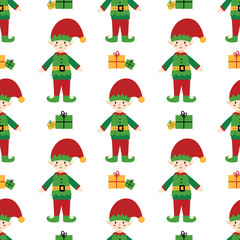 Christmas elf character in green costume with colorful gift boxes, presents vector seamless pattern background.