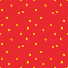 Gouden ronde confetti op heldere rode vector naadloze patroon achtergrond voor Kerstmis en Nieuwjaar viering ontwerp.