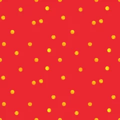  Gouden ronde confetti op heldere rode vector naadloze patroon achtergrond voor Kerstmis en Nieuwjaar viering ontwerp. © cosmic_pony
