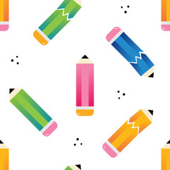 Cute cartoon colorful pencils with erasers, whole and broken, vector seamless pattern background for school and office supplies design.
