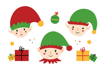 Obraz na płótnie Canvas Set, collection of cute christmas elves in hats with gift boxes, presents and christmas ornaments. Vector icons, illustration. 