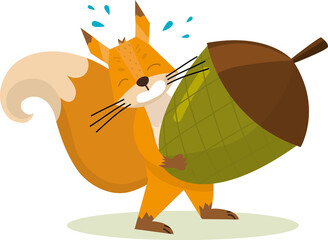 Cute cartoon squirrel Holding Acorn at a branch . Funny little brown squirrel collection. Emotion little animal. Cartoon animal character design. Flat vector illustration isolated on white background.