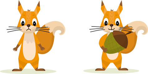 Cute cartoon squirrel set Holding Acorn. Funny little brown squirrel collection. Emotion little animal. Cartoon animal character design. Flat vector illustration isolated on white background