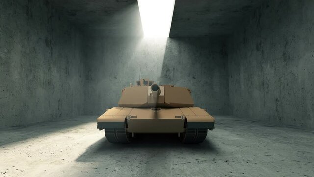 Heavy Military Tank in Modern Hangar with Opened Roof and Sunlights