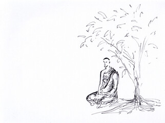 Abstract Buddhist monk meditating under tree. Ink pen drawing. Peaceful Asian style artwork. Use for for card, meditation background, print. Peace of mind concept. Serene minimalist illustration.