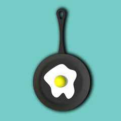 a fried egg in frying pan on pastel green blue background. top view of hot device. chicken egg is grilled. Square image. 3D image. 3D rendering.