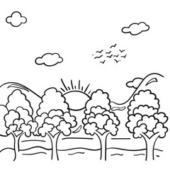 Sunrise in the forest Vector. forest art for kids coloring book black and white Illustration.