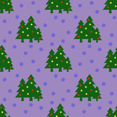 Seamless pattern. Image of green Christmas trees with balls and snowflakes on pastel purple backgrounds. Symbol of New Year and Christmas. Template for applying to surface. 3D image. 3d rendering