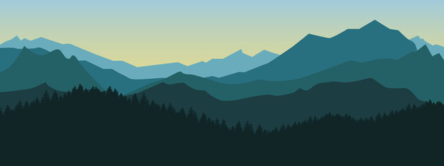 Fototapeta na wymiar mountain and forest landscape illustration at dawn and dusk