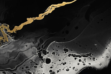 Fluid Art. Metallic gold abstract waves on Black and white background. Marble effect background or...
