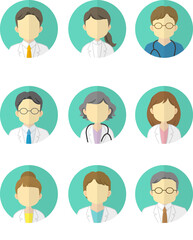 人物イラスト素材：医療現場で働く医療従事者の丸いアイコンマーク（男女正面/上半身）2　20代～シニア
