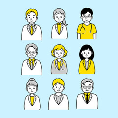 人物イラスト素材：医療現場で働く医療従事者（男女正面/上半身）　主線あり　20代～シニア
