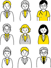 人物イラスト素材：医療現場で働く医療従事者（男女正面/上半身）　主線あり白背景　20代～シニア
