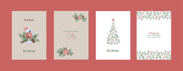 Merry Christmas and Happy New Year Set of backgrounds, greeting cards, posters, holiday covers. Christmas tree, balls, stars, sequins and elegant lettering. Trendy templates