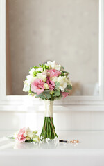 Groom's morning. Wedding accessories: rings, boutonniere, wedding bouquet, cufflinks. vertical template stories