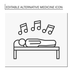  Treatment line icon. Music therapy. Person laying on the medicine table for relaxation and meditation. Alternative medicine concept. Isolated vector illustration. Editable stroke