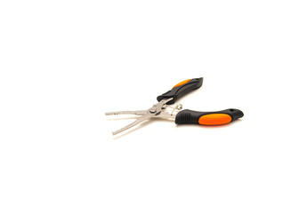 Open black stainless steel fishing pliers with orange rubber handgrip isolated on white