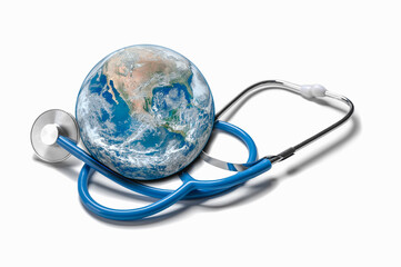 Global human health in context of coronavirus pandemic. Stethoscope wrapped around globe Earth on white background. Elements of this image were furnished by NASA
