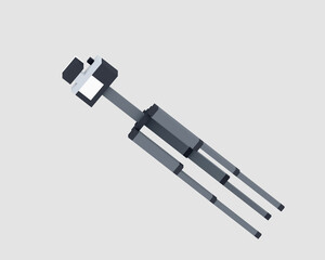 Digital camera, a digital art of mirrorless camera with flashlight and metal steel tripod in black & white retro style isometric voxel raster 3D illustration render on white background.
